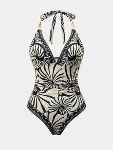 SHEIN Swim 南美椰子樹米色花卉定位印花高級連身女裝套裝 夏季熱帶波希米亞風海灘度假風 - 彩色 - 查看 5