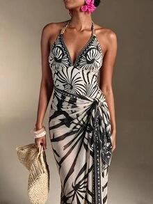 SHEIN Swim 南美椰子樹米色花卉定位印花高級連身女裝套裝 夏季熱帶波希米亞風海灘度假風 - 彩色 - 查看 8