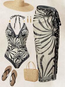 SHEIN Swim 南美椰子樹米色花卉定位印花高級連身女裝套裝 夏季熱帶波希米亞風海灘度假風 - 彩色 - 查看 2