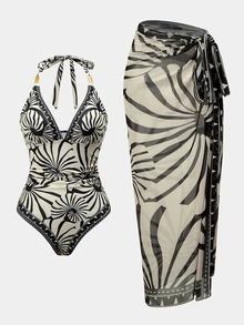 SHEIN Swim 南美椰子樹米色花卉定位印花高級連身女裝套裝 夏季熱帶波希米亞風海灘度假風 - 彩色 - 查看 9
