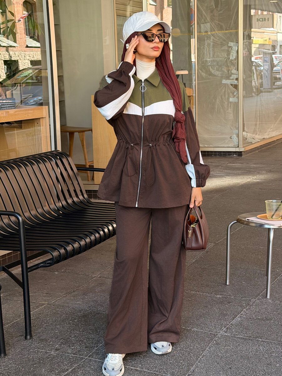 Solavon Women's Zipper Contrast Drawstring Long Sleeve Jacket And Casual Pants Arabic Outfit Set - Multicolor - View 1