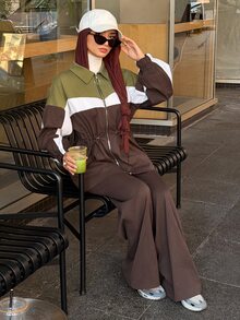 Solavon Women's Zipper Contrast Drawstring Long Sleeve Jacket And Casual Pants Arabic Outfit Set - Multicolor - View 3