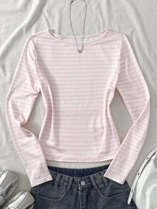 SHEIN 青少年女孩可愛 Katseye 粉色條紋印花方領長袖修身 T-shirt 返校海灘生日上衣 秋季款 - 粉色 - 查看 2