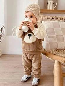 SHEIN Kids 2pcs Baby Boy Cartoon Bear Print Thermal Lined Pullover Sweatshirt & Autumn Winter Pants Set - Brown - View 2