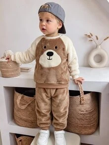 SHEIN Kids 2pcs Baby Boy Cartoon Bear Print Thermal Lined Pullover Sweatshirt & Autumn Winter Pants Set - Brown - View 7
