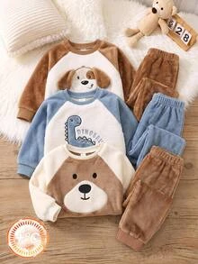 SHEIN Kids 2pcs Baby Boy Cartoon Bear Print Thermal Lined Pullover Sweatshirt & Autumn Winter Pants Set - Brown - View 6