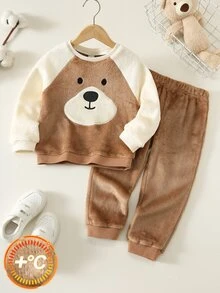 SHEIN Kids 2pcs Baby Boy Cartoon Bear Print Thermal Lined Pullover Sweatshirt & Autumn Winter Pants Set - Brown - View 3