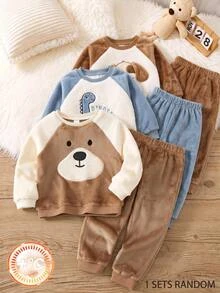 SHEIN Kids 2pcs Baby Boy Cartoon Bear Print Thermal Lined Pullover Sweatshirt & Autumn Winter Pants Set - Brown - View 1
