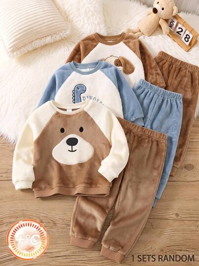 SHEIN Kids 2pcs Baby Boy Cartoon Bear Print Thermal Lined Pullover Sweatshirt & Autumn Winter Pants Set