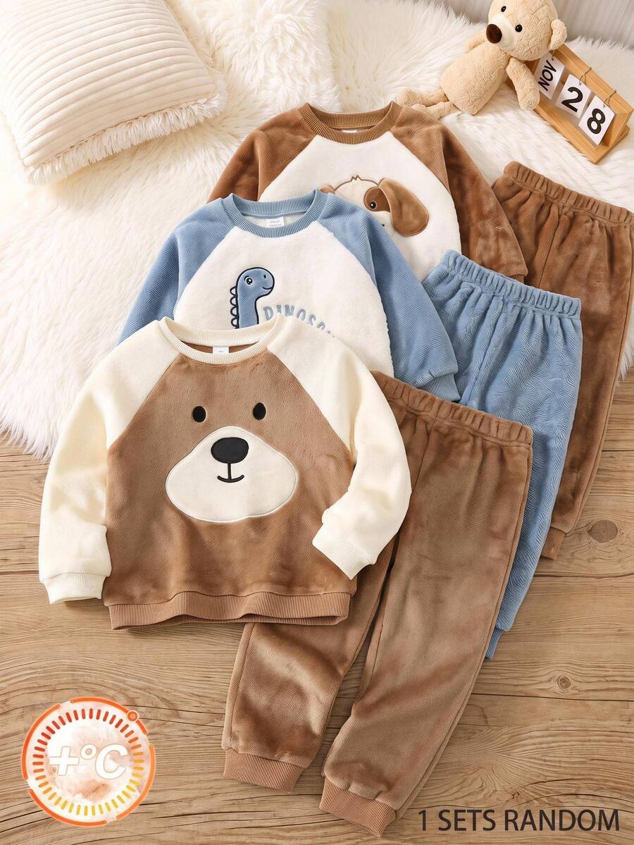 SHEIN Kids 2pcs Baby Boy Cartoon Bear Print Thermal Lined Pullover Sweatshirt & Autumn Winter Pants Set - Brown - View 1