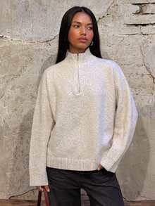 SHEIN BAE White Half Zip Mock Neck Oversized Pullover Sweater For Women Fall 2026 Warm Casual Long Sleeve Knit Top Office City Break Travel Weekend Outfit - Beige - View 4