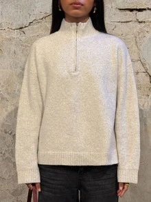 SHEIN BAE White Half Zip Mock Neck Oversized Pullover Sweater For Women Fall 2026 Warm Casual Long Sleeve Knit Top Office City Break Travel Weekend Outfit - Beige - View 7