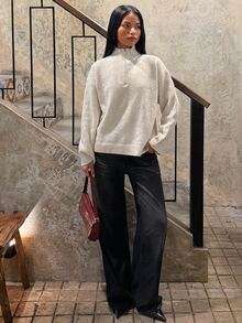 SHEIN BAE White Half Zip Mock Neck Oversized Pullover Sweater For Women Fall 2026 Warm Casual Long Sleeve Knit Top Office City Break Travel Weekend Outfit - Beige - View 3