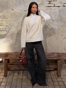 SHEIN BAE White Half Zip Mock Neck Oversized Pullover Sweater For Women Fall 2026 Warm Casual Long Sleeve Knit Top Office City Break Travel Weekend Outfit - Beige - View 5