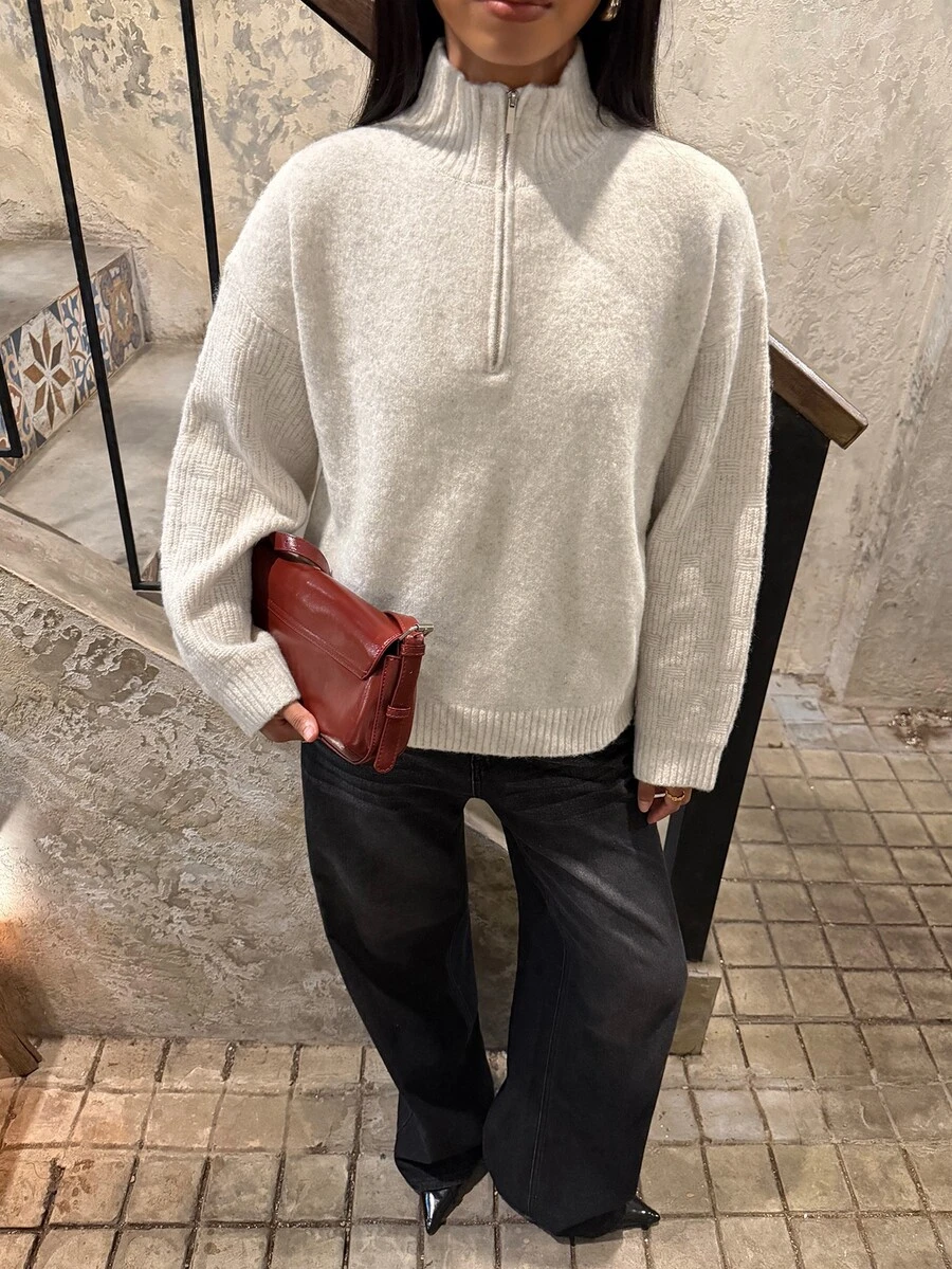 SHEIN BAE White Half Zip Mock Neck Oversized Pullover Sweater For Women Fall 2026 Warm Casual Long Sleeve Knit Top Office City Break Travel Weekend Outfit - Beige - View 1