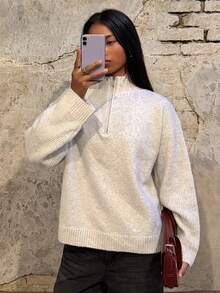 SHEIN BAE White Half Zip Mock Neck Oversized Pullover Sweater For Women Fall 2026 Warm Casual Long Sleeve Knit Top Office City Break Travel Weekend Outfit - Beige - View 6