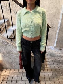 SHEIN BAE New Fashion Hot Girl Style Faux Mink Fur Collar Shell Button Fitted Long Sleeve Cinched Waist Cropped Sweater For Women - Mint Green - View 7