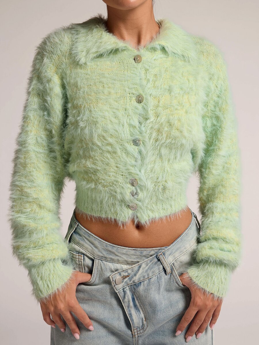 SHEIN BAE New Fashion Hot Girl Style Faux Mink Fur Collar Shell Button Fitted Long Sleeve Cinched Waist Cropped Sweater For Women - Mint Green - View 1