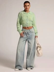 SHEIN BAE New Fashion Hot Girl Style Faux Mink Fur Collar Shell Button Fitted Long Sleeve Cinched Waist Cropped Sweater For Women - Mint Green - View 5