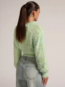 SHEIN BAE New Fashion Hot Girl Style Faux Mink Fur Collar Shell Button Fitted Long Sleeve Cinched Waist Cropped Sweater For Women - Mint Green - View 2