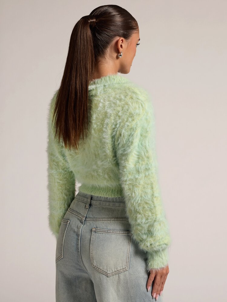 SHEIN BAE New Fashion Hot Girl Style Faux Mink Fur Collar Shell Button Fitted Long Sleeve Cinched Waist Cropped Sweater For Women - Mint Green - View 2