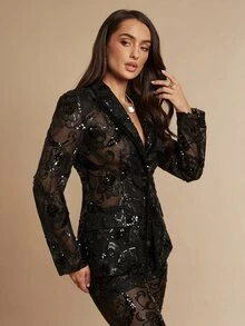 Silquee This Black Blazer Features A Sequined Mesh Design That Blends Fashion-Forward Style With A Retro Street Vibe; It Offers A Cool, Edgy Look Suitable For - Black - View 8
