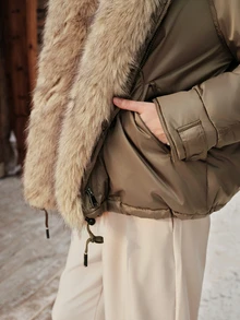 Anewsta Women's Autumn/Winter Modern Retro Oversized Short Winter Coat With Large Fur Collar - Army Green - View 5