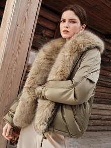 Anewsta Women's Autumn/Winter Modern Retro Oversized Short Winter Coat With Large Fur Collar - Army Green - View 4