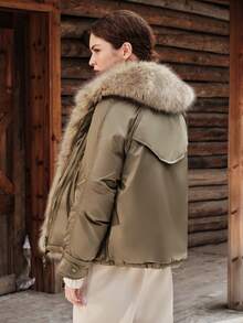 Anewsta Women's Autumn/Winter Modern Retro Oversized Short Winter Coat With Large Fur Collar - Army Green - View 2