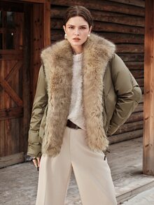 Anewsta Women's Autumn/Winter Modern Retro Oversized Short Winter Coat With Large Fur Collar - Army Green - View 3