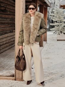Anewsta Women's Autumn/Winter Modern Retro Oversized Short Winter Coat With Large Fur Collar - Army Green - View 7
