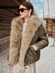 Anewsta Women's Autumn/Winter Modern Retro Oversized Short Winter Coat With Large Fur Collar - Army Green - View 1