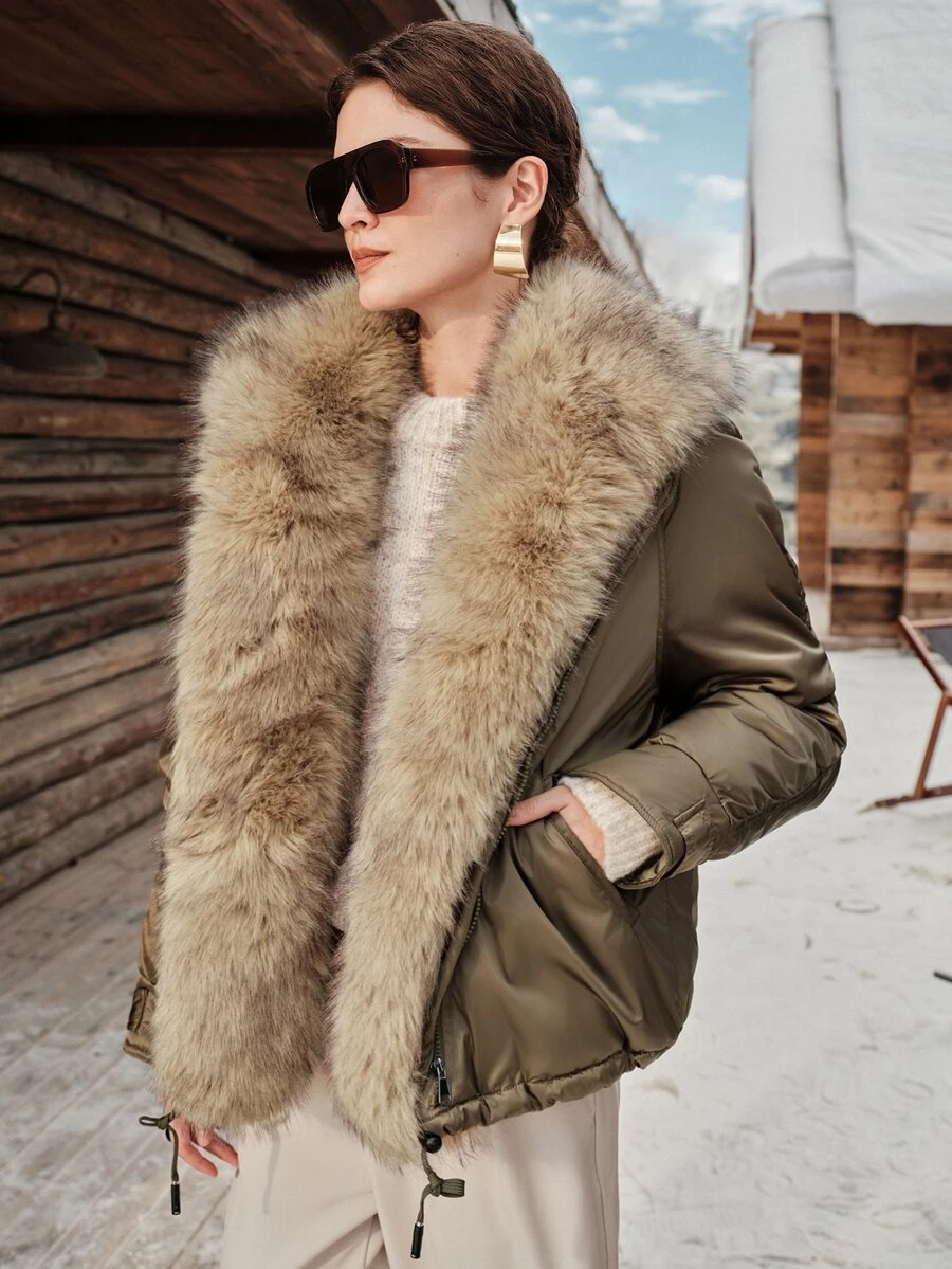 Anewsta Women's Autumn/Winter Modern Retro Oversized Short Winter Coat With Large Fur Collar - Army Green - View 1