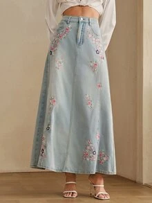 Anewsta Women's New Fashion Summer Heavy Embroidery Slimming Design Split Skirt - Blue - View 6