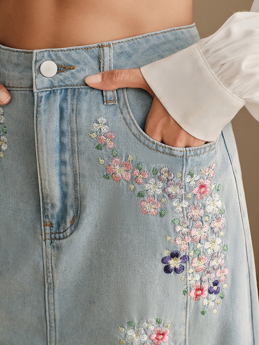Anewsta Women's New Fashion Summer Heavy Embroidery Slimming Design Split Skirt - Blue - View 1