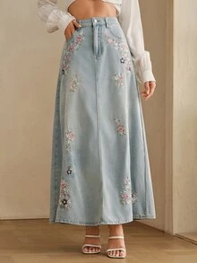 Anewsta Women's New Fashion Summer Heavy Embroidery Slimming Design Split Skirt - Blue - View 7