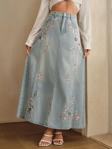 Anewsta Women's New Fashion Summer Heavy Embroidery Slimming Design Split Skirt - Blue - View 5
