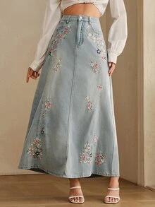 Anewsta Women's New Fashion Summer Heavy Embroidery Slimming Design Split Skirt - Blue - View 3