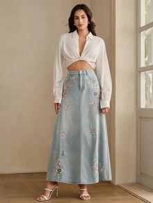 Anewsta Women's New Fashion Summer Heavy Embroidery Slimming Design Split Skirt - Blue - View 4