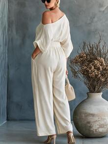 Linhara CURVE Women's Casual Comfortable Vacation 2 Pieces Set, Spring/Autumn Solid Color Round Neck Drop Shoulder Short Sleeve Top With High Waist Wide Leg Pants, - Apricot - View 2