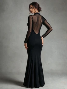 Trelyra Elegant & Seductive Black Mesh & Milk Silk Fitted Long Sleeve Mermaid Dress, Mesh Patchwork Adds Ethereal Charm, Suitable For Evening Party, Luxury Date - Black - View 2