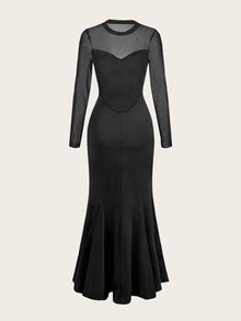 Trelyra Elegant & Seductive Black Mesh & Milk Silk Fitted Long Sleeve Mermaid Dress, Mesh Patchwork Adds Ethereal Charm, Suitable For Evening Party, Luxury Date - Black - View 9