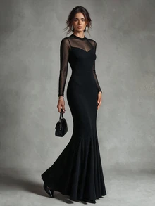 Trelyra Elegant & Seductive Black Mesh & Milk Silk Fitted Long Sleeve Mermaid Dress, Mesh Patchwork Adds Ethereal Charm, Suitable For Evening Party, Luxury Date - Black - View 5
