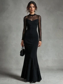 Trelyra Elegant & Seductive Black Mesh & Milk Silk Fitted Long Sleeve Mermaid Dress, Mesh Patchwork Adds Ethereal Charm, Suitable For Evening Party, Luxury Date - Black - View 3