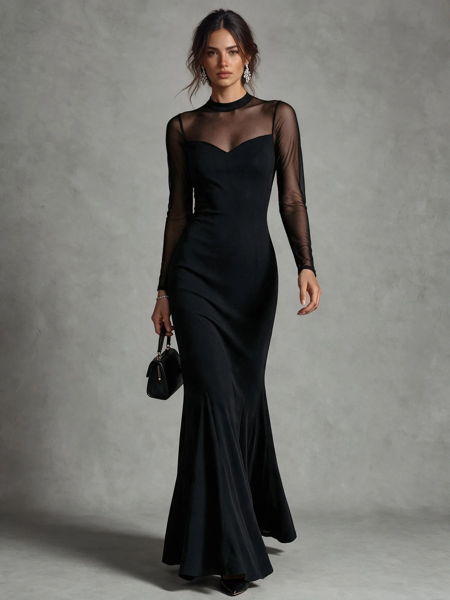 Trelyra Elegant & Seductive Black Mesh & Milk Silk Fitted Long Sleeve Mermaid Dress, Mesh Patchwork Adds Ethereal Charm, Suitable For Evening Party, Luxury Date - Black - View 1