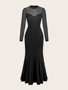 Trelyra Elegant & Seductive Black Mesh & Milk Silk Fitted Long Sleeve Mermaid Dress, Mesh Patchwork Adds Ethereal Charm, Suitable For Evening Party, Luxury Date - Black - View 8