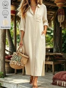 LUMIGAL Women's Solid Color Casual Daily Summer Shirt Dress - Apricot - View 3