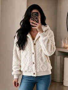 Yalmera Women's Autumn/Winter Versatile Plush Jacquard Textured Fabric Turn-Down Collar Jacket - Beige - View 4