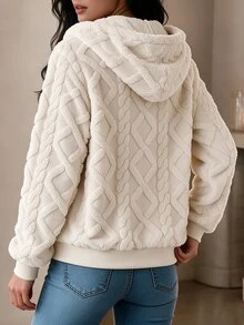 Yalmera Women's Autumn/Winter Versatile Plush Jacquard Textured Fabric Turn-Down Collar Jacket - Beige - View 2