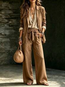 LUMIGAL Women's Autumn New Casual Commute Basic Blazer And Pants Set - Brown - View 6
